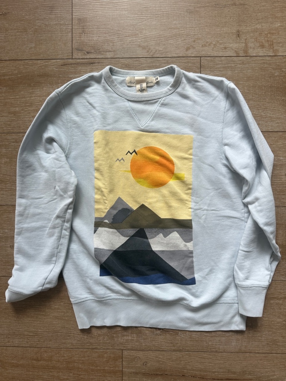 H&M Light Blue Crewneck Sweatshirt with Mountain and Sun Graphic